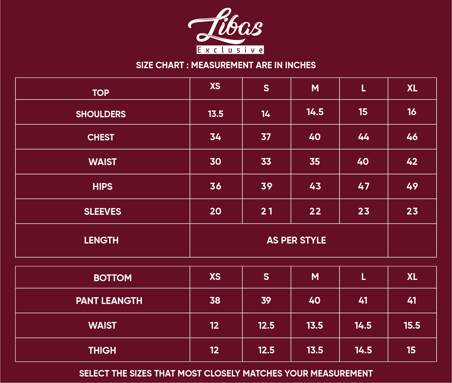 Size Chart - Libas Exclusive