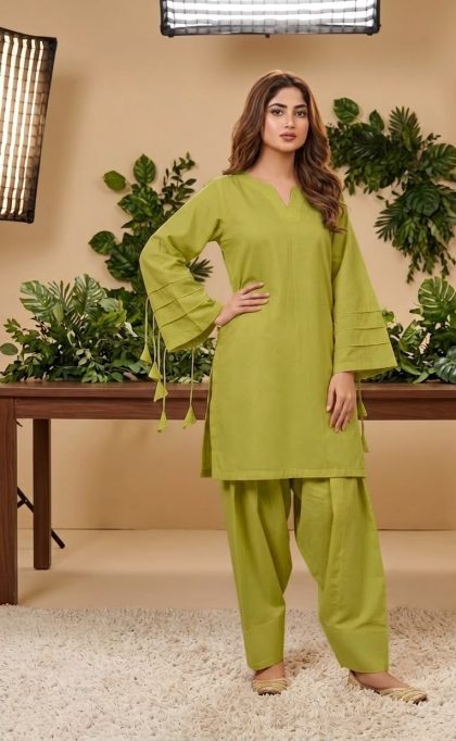 Lawn Co-Ord Set with Shalwar – Olive Green ICS-1181