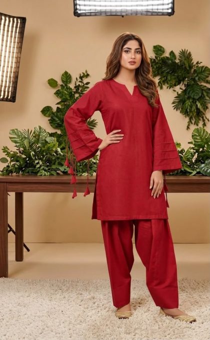 Maroon Lawn Co-Ord Set with Shalwar ICS-1183