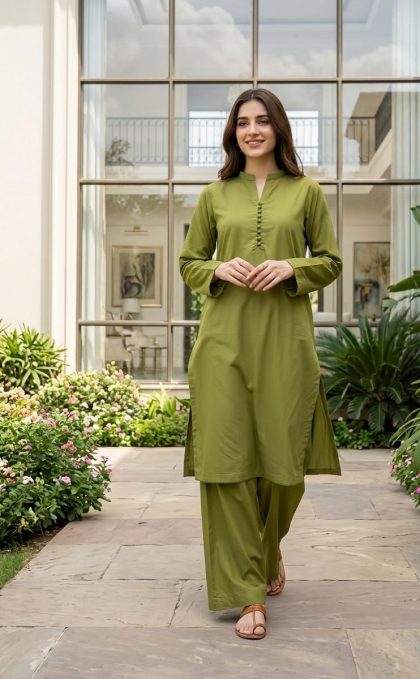 Olive Green Lawn Co-Ord Set ICS-1190