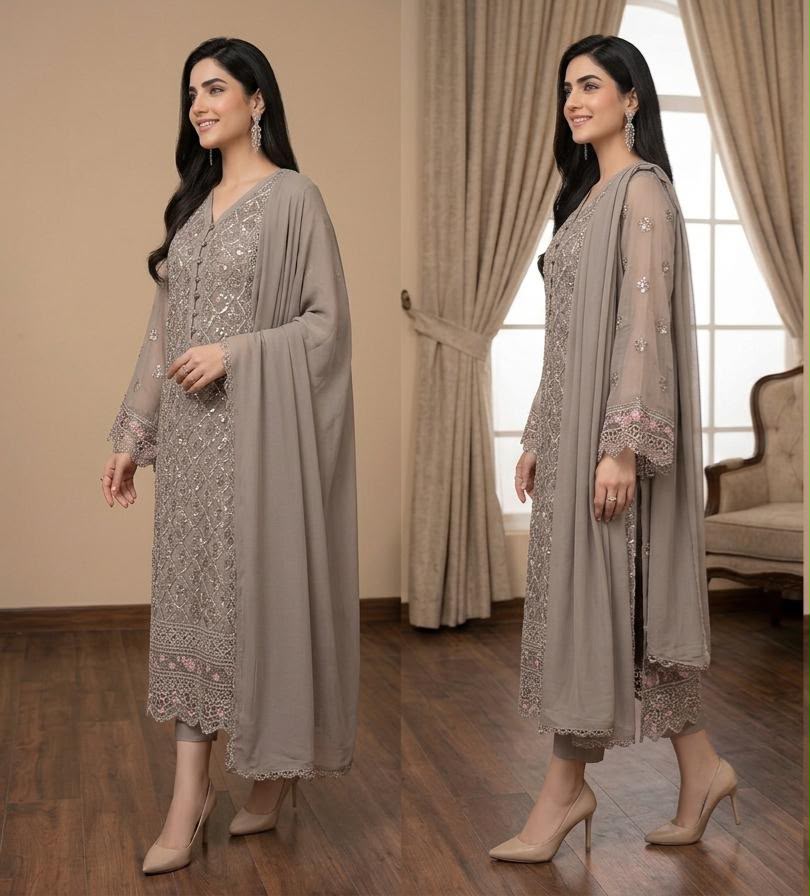 Embroidered Chiffon 3-Piece Suit ICS-1198 - Image 2