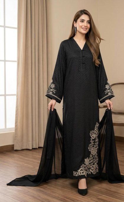 Black Self Sheesha Silk 3-Piece Suit-1195
