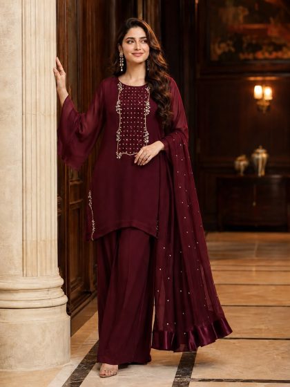 Maroon Hand-Embroidered Chiffon 3-Piece Suit SHZ-103