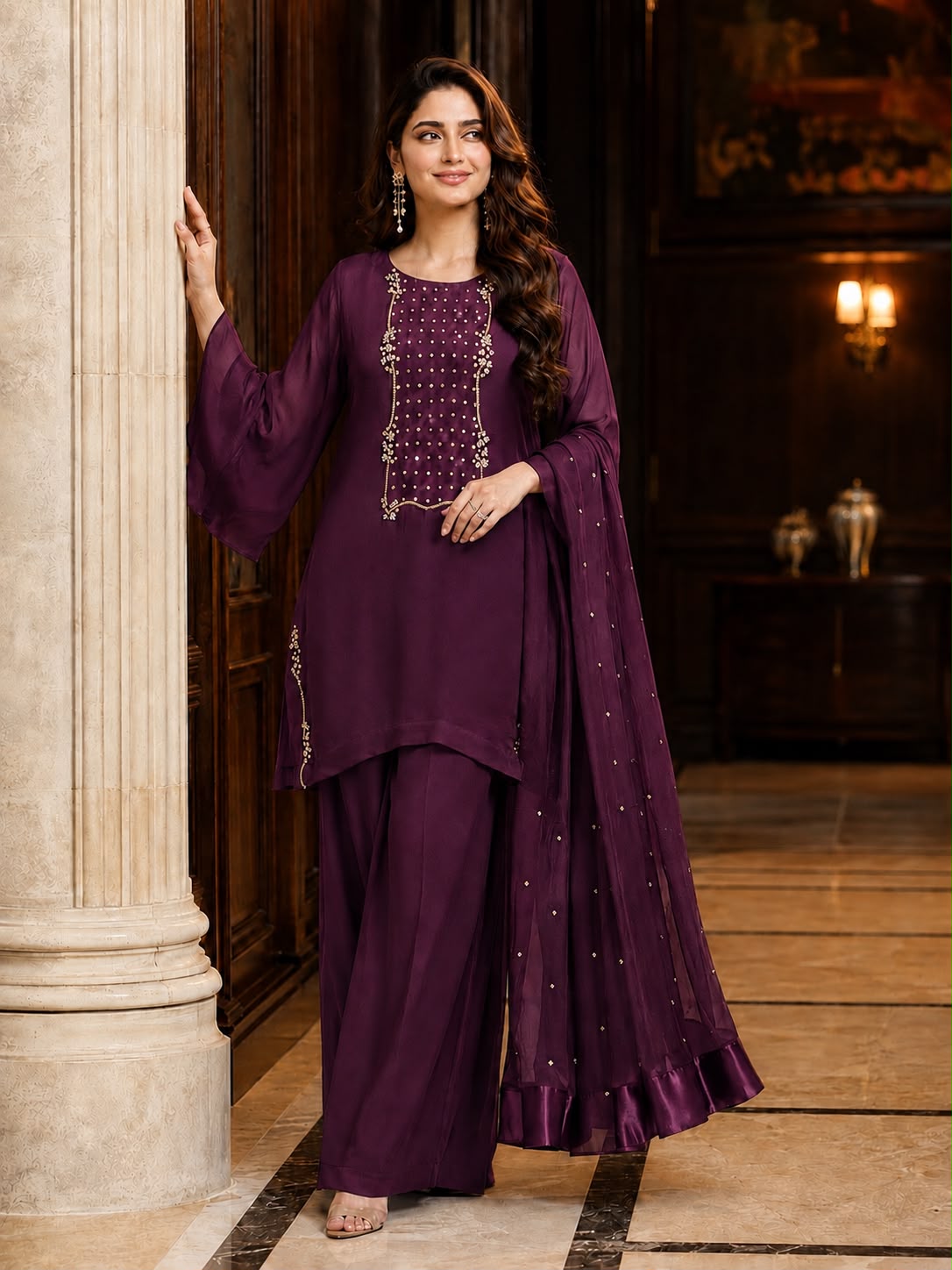 Hand-Embroidered Chiffon 3-Piece Suit SHZ-104