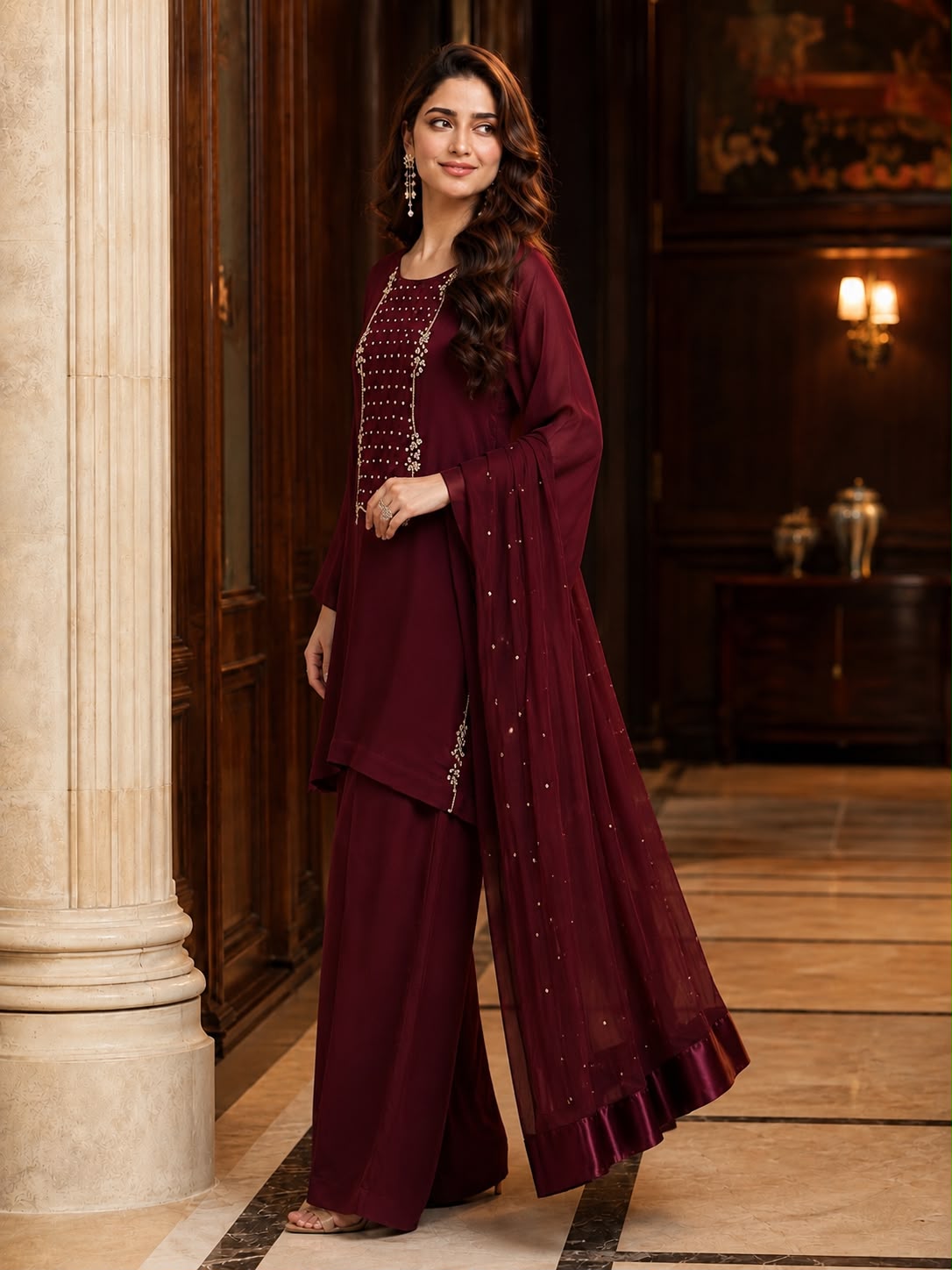 Maroon Hand-Embroidered Chiffon 3-Piece Suit SHZ-103 - Image 2