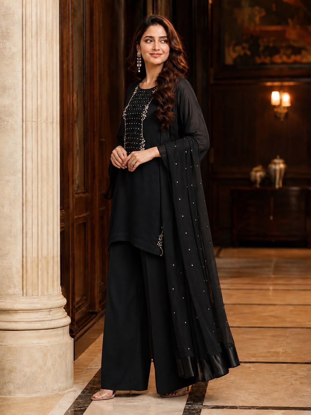 Black Hand-Embroidered Chiffon 3-Piece Suit SHZ-105 - Image 2