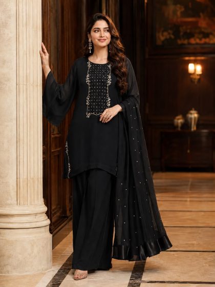 Black Hand-Embroidered Chiffon 3-Piece Suit SHZ-105