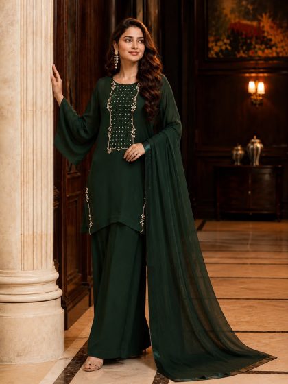 Emerald Hand-Embroidered Chiffon 3-Piece Suit SHZ-101