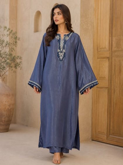 Midnight Blue Sheer Silk Kaftan with Banarsi Silk Dupatta – 3 Piece Pret SHZ-108