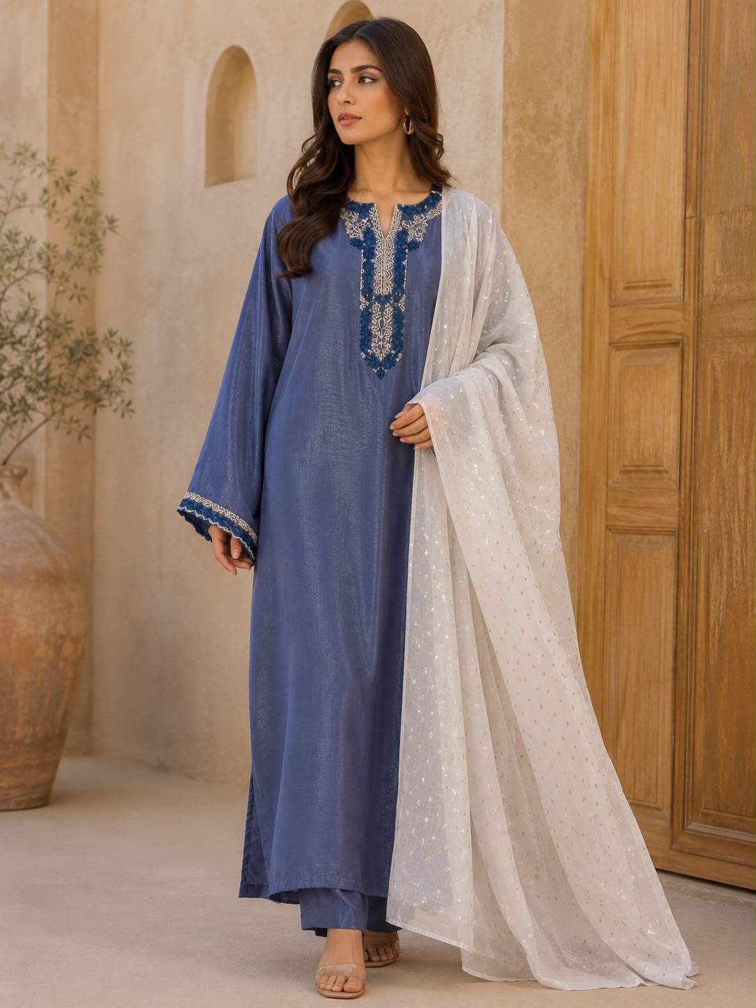 Midnight Blue Sheer Silk Kaftan with Banarsi Silk Dupatta – 3 Piece Pret SHZ-108 - Image 2