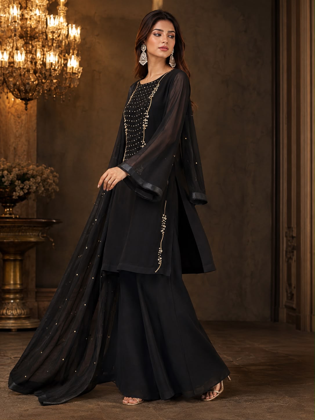 Black Hand-Embroidered Chiffon 3-Piece Suit SHZ-105 - Image 2