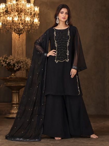 Black Hand-Embroidered Chiffon 3-Piece Suit SHZ-105