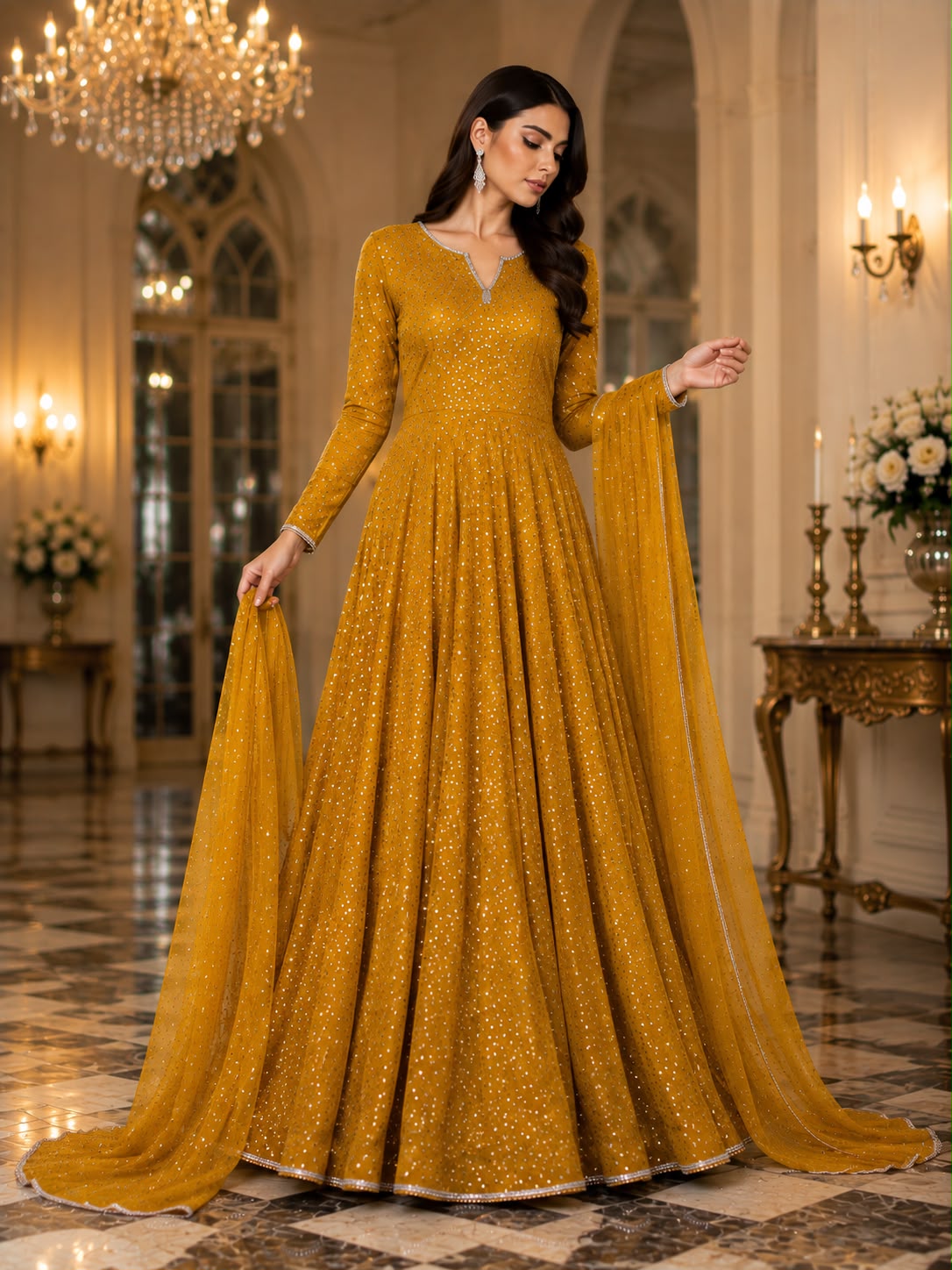 Chiffon Silk Stone-Embellished Maxi SHZ-114