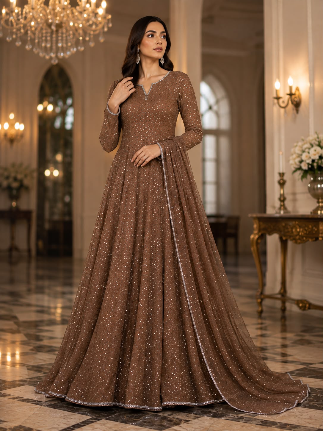 Chiffon Silk Stone-Embellished Maxi SHZ-112