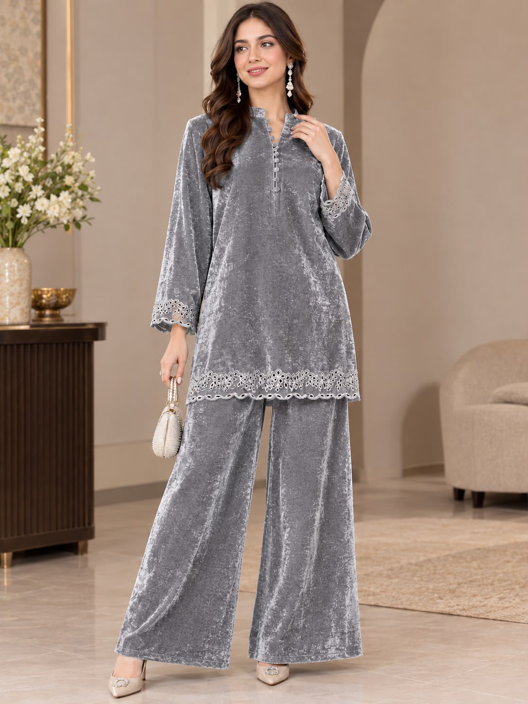 Greyish Velvet Coord Set SHZ-118