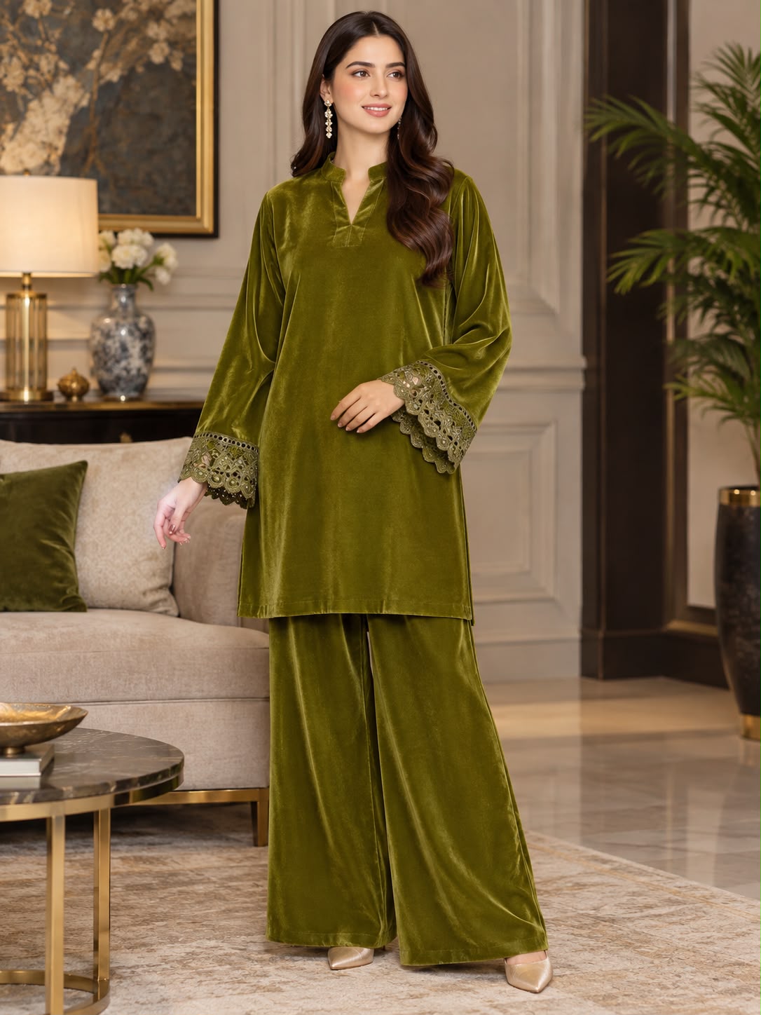Olive Green Velvet Coord Set GHZ-540