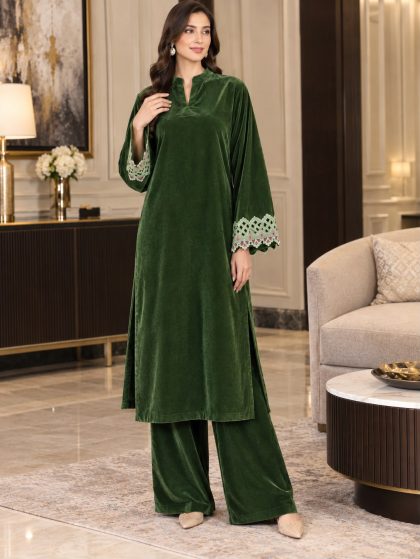 Forest Green Velvet Embroidered Coord Set GHZ-542