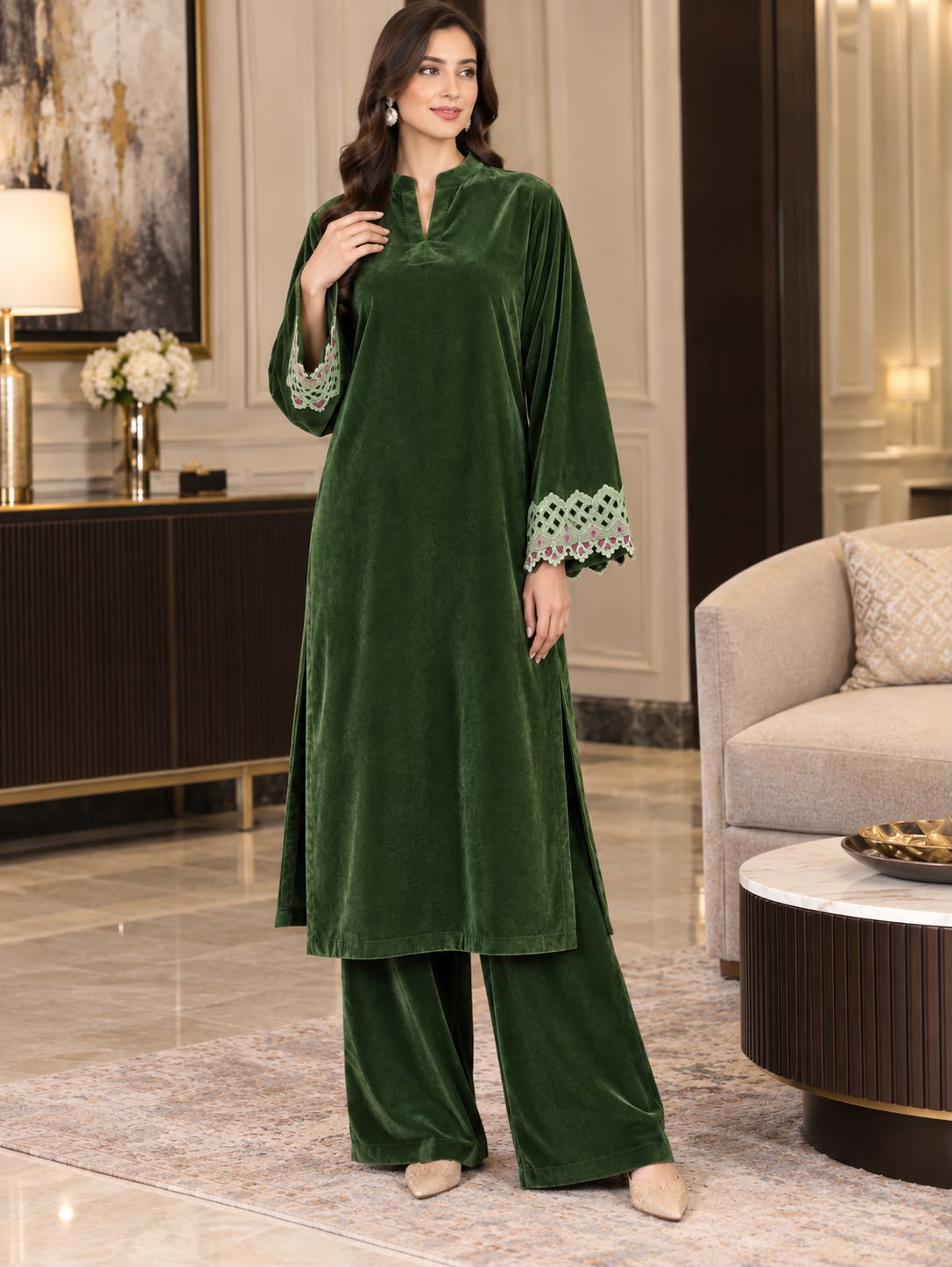 Forest Green Velvet Embroidered Coord Set GHZ-542