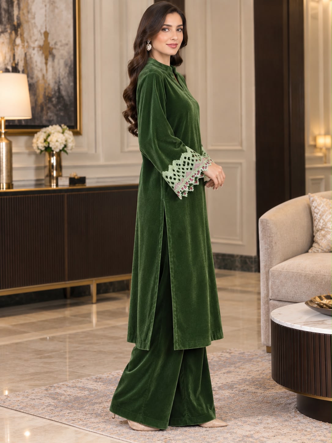 Forest Green Velvet Embroidered Coord Set GHZ-542 - Image 2