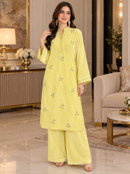 Butter Yellow Velvet Embroidered Coord Set GHZ-547