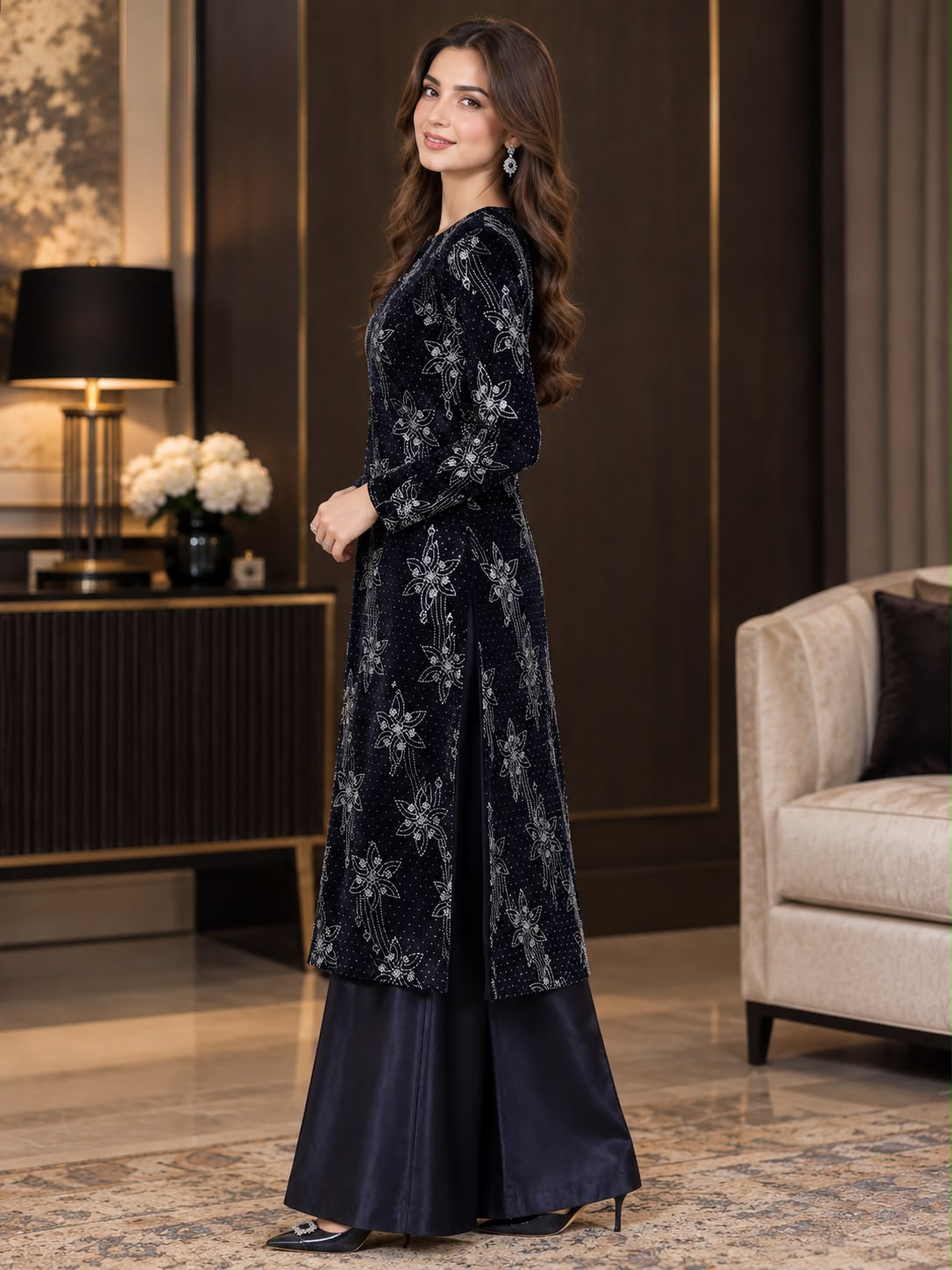 Embroidered Velvet Designer Luxury Dress GHZ-548 - Image 2