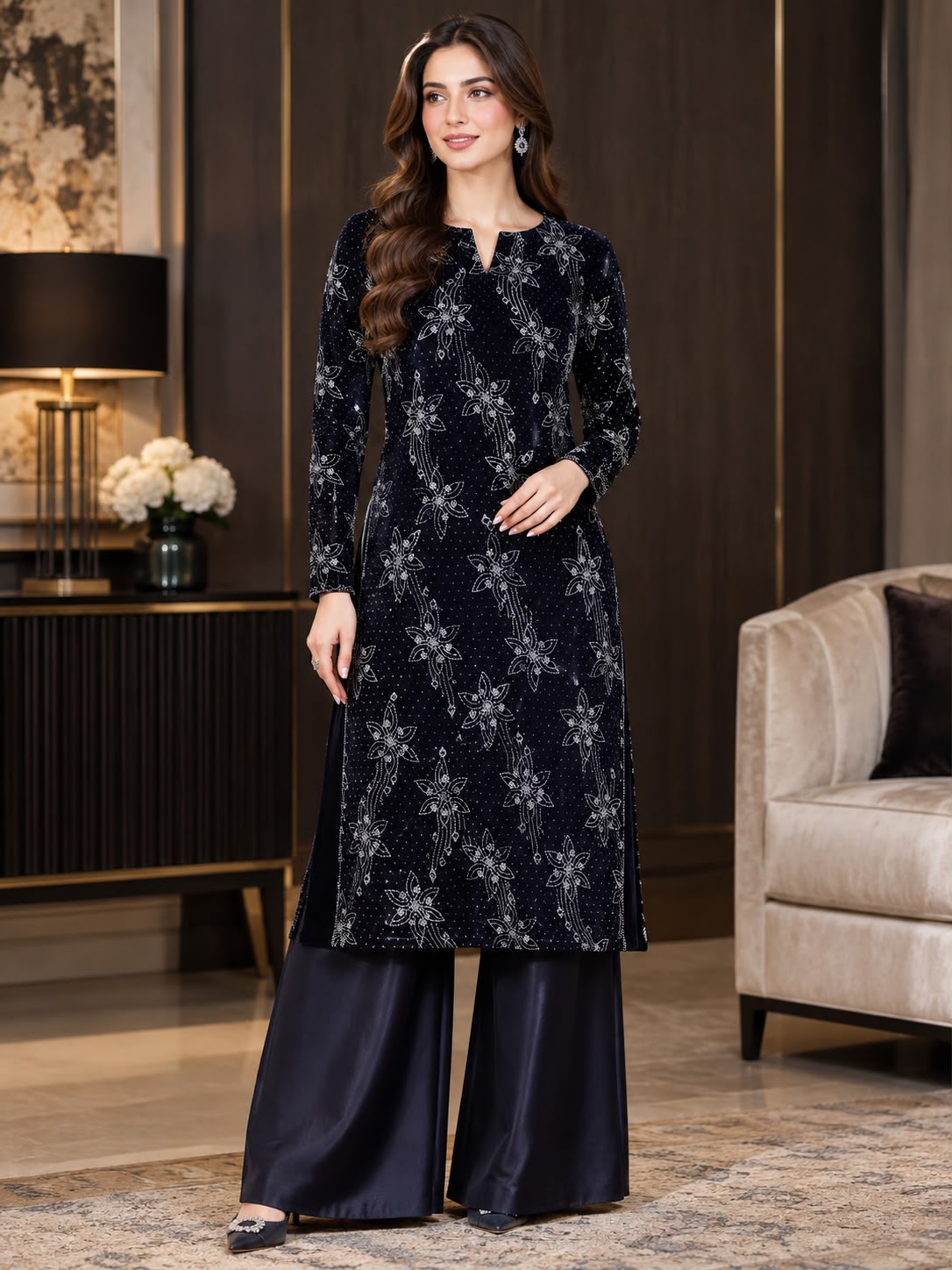 Embroidered Velvet Designer Luxury Dress GHZ-548